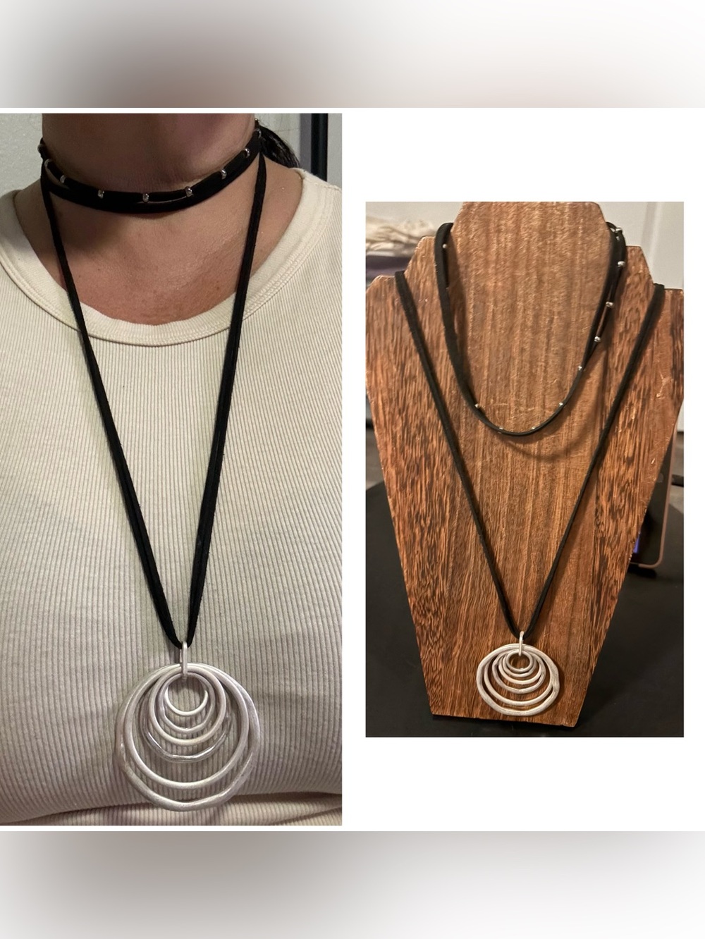 Silver Multi-Ring Pendant Necklace on Black Cord & choker set of 2